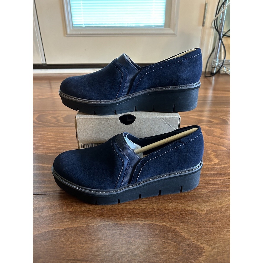 Clarks Airabell Mid Navy Suede Wedges Leather Closed Toe NEW Size 8 N - Picture 2 of 8